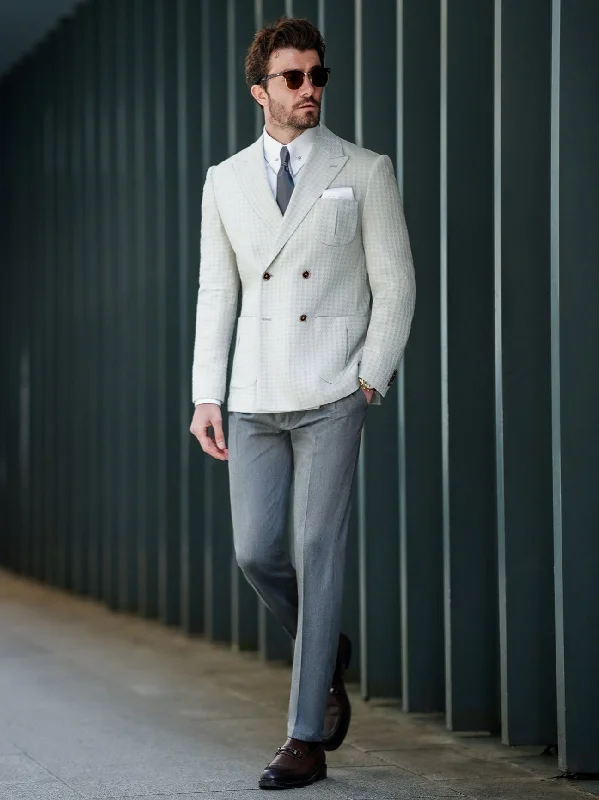 Light Grey Houndstooth Double Breasted Blazer