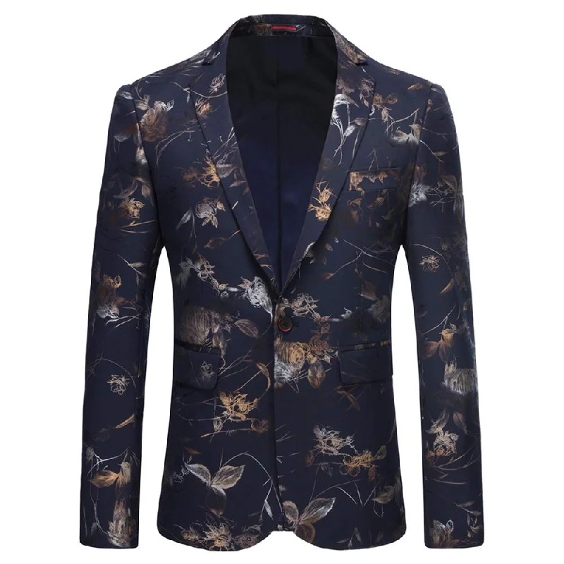 YFFUSHI Mens Dress Floral Suit Slim Fit Stylish Casual Printed Blazer Blue