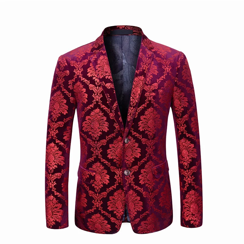 YFFUSHI Mens Modern Fit Floral Blazer Red