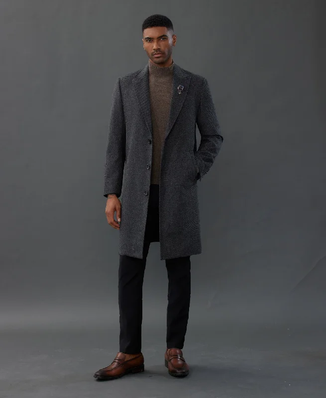 Men's Herringbone Wool Blend Long Overcoat Pea Coat with Brooch