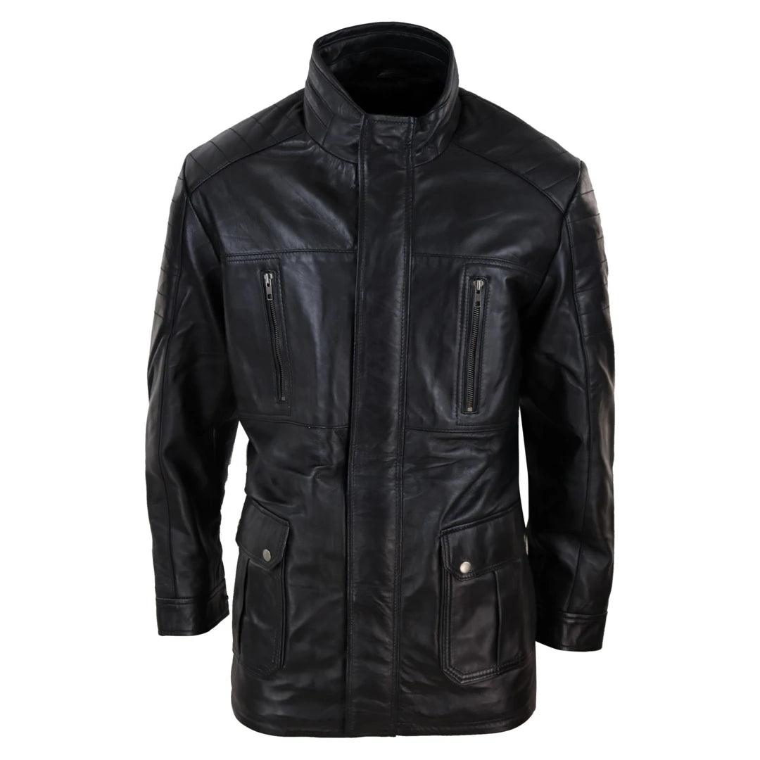 Mens 3/4 Real Leather Jacket Safari Black Brown Zipped Winter Shooting