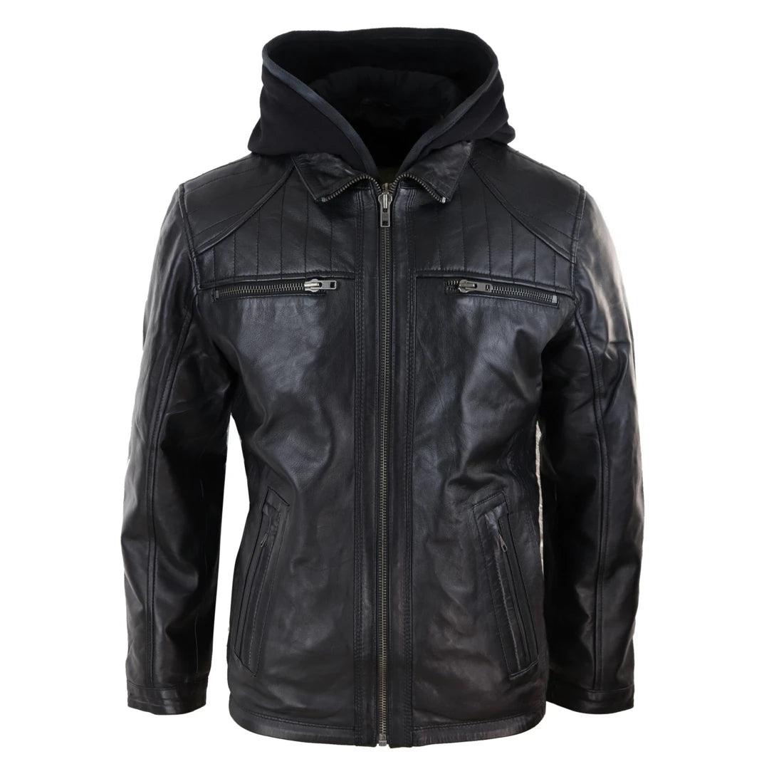 Mens Black Hoodie Real Leather Jacket Casual Removable Hood Zip Napa