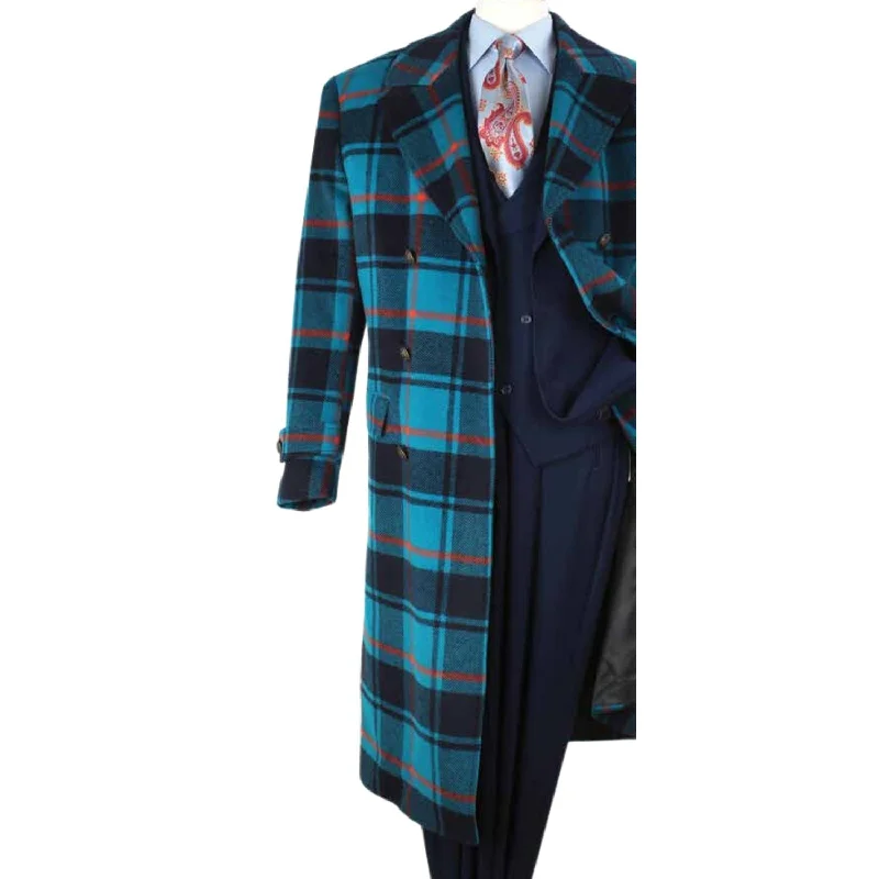 Men's Window Pane High Fashion Double-Breasted Wool Coat In Blue