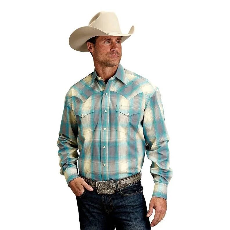 Stetson Western Shirt Mens L/S Plaid Turquoise 11-001-0478-2042 GR